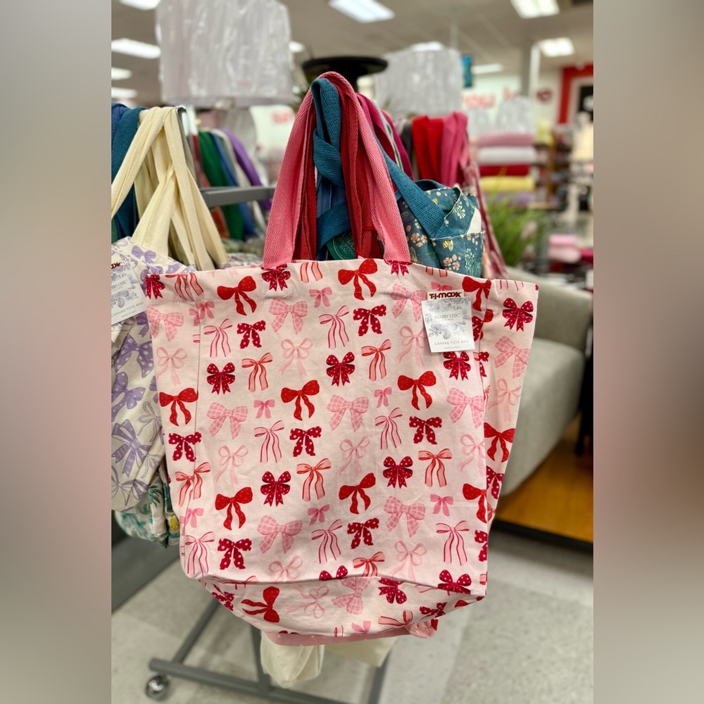 Viral Coquette Bow Pink Red Reusable Canvas Tote Shopping Bag